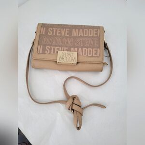 Steve Madden Leather Crossbody Bag Purse Wallet Logo Neutral Beige